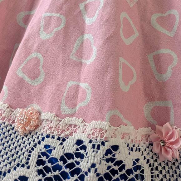 Heart Print Pink Square Dancing Skirt - Cream Lace and Ribbon flowers - Picture 4 of 8